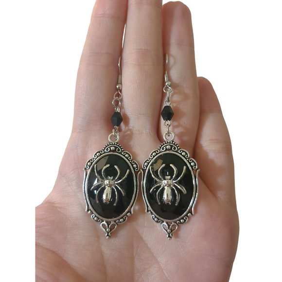 Jewelry - Black Oval Spider Earrings Silver Goth Gothic Emo  Halloween